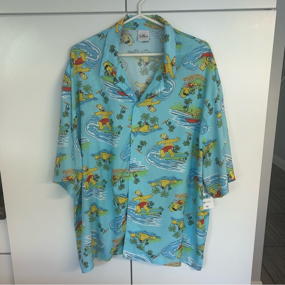 The Simpsons Men’s  Casual Surfing Print Short Sleeve Shirt - Turquoise, Size XL